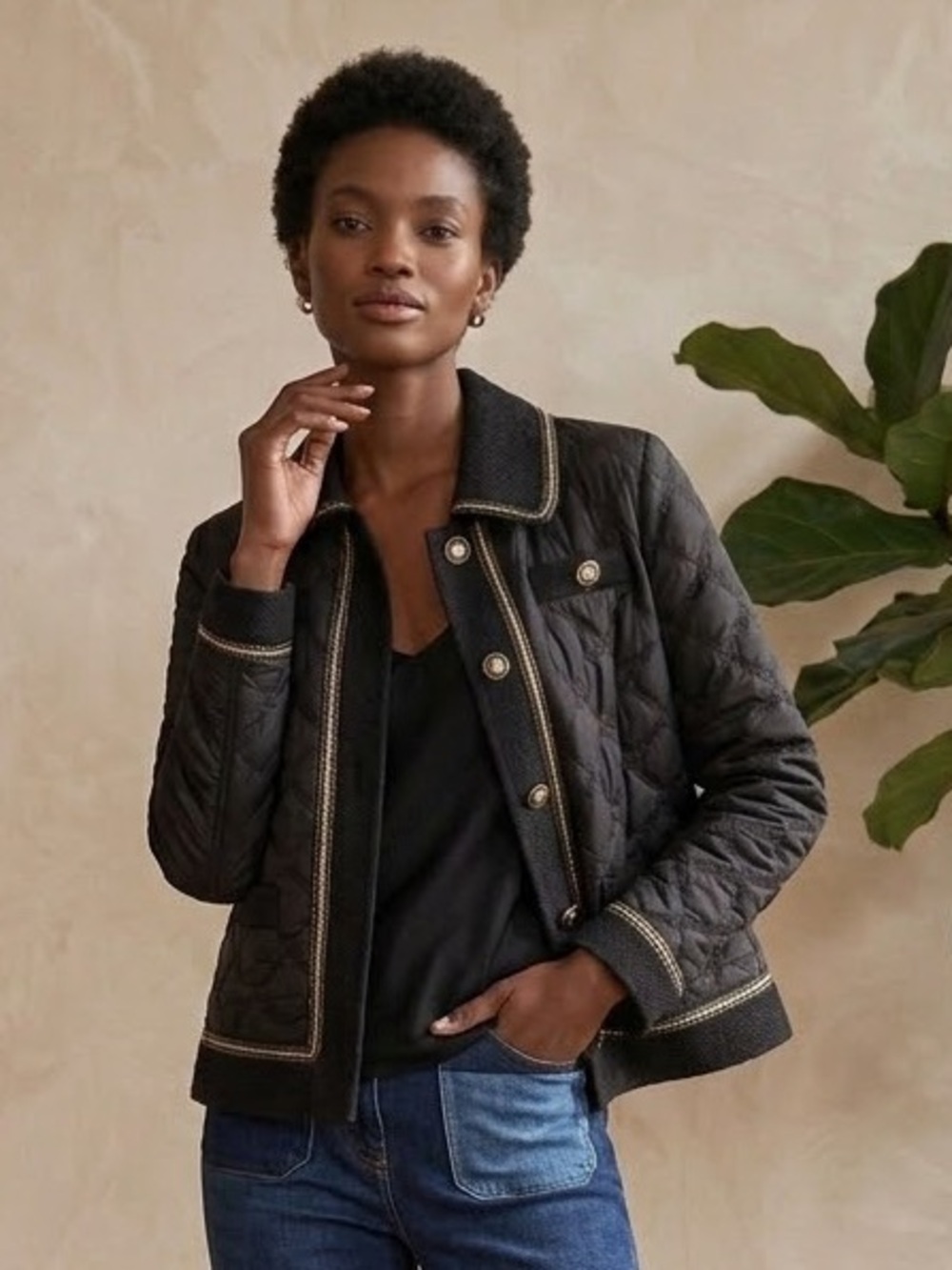 SPANNER Black Quilted Blazer Jacket Gold Trim Sz M NWT